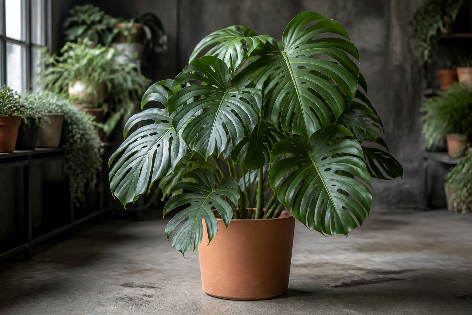 Large monstera in a terracotta pot on a concrete floor
