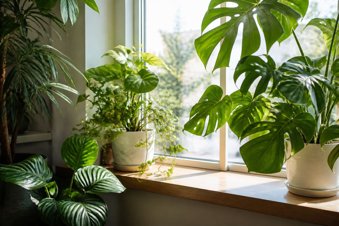 Monstera and other houseplants on a bright wooden windowsill