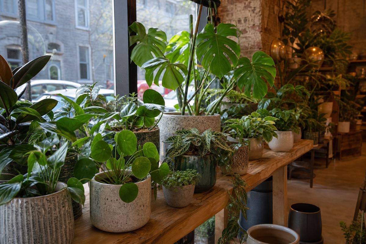 Mixed indoor plants on a wooden shelf beside a city window