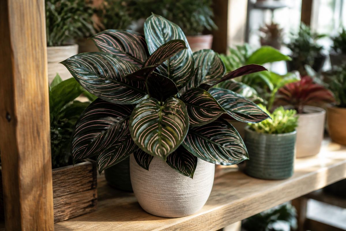 Calathea with striped leaves in a pale ceramic pot