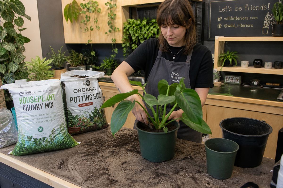 Hands potting a leafy plant at a timber workbench with soil bags