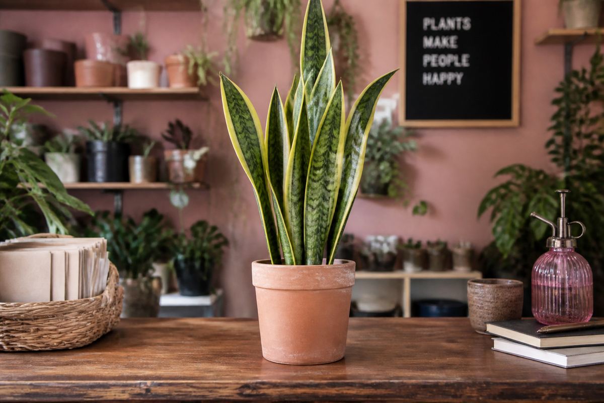 Snake plant in terracotta on a wooden counter